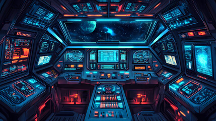 Obraz premium Futuristic spaceship cockpit interior. future spacecraft control panels technology, space travel concept. generative ai. Spaceship. Illustration