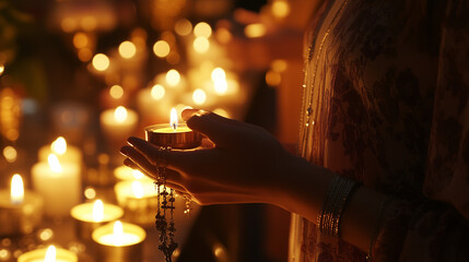 Naklejka premium Woman holding a candle and rosary during a candlelight vigil, warm and spiritual atmosphere