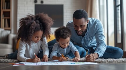 Obraz premium A father and his two children draw together. This image captures a moment of shared creativity and bonding between a family.