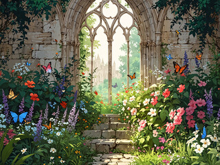 Fototapeta premium a hidden Gothic garden within an ancient castle