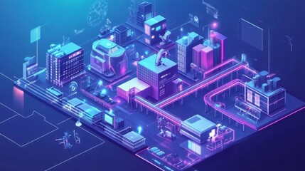 Fototapeta premium Futuristic isometric city with glowing neon lights and technology infrastructure.