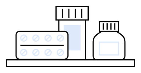 Bottles and blister pack of pills on a shelf, outlined in black with subtle blue accents. Ideal for healthcare, pharmacy, medical, healthcare apps, drug safety, and medicine advertisements. Minimalist