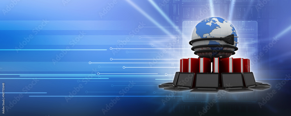 Poster 3d rendering technology computer network with book near optical cable connected globe