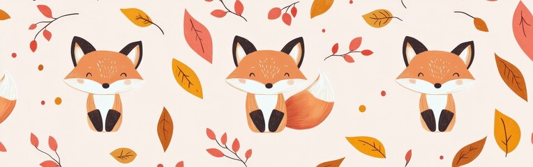 Obraz premium Seamless Kawaii Animal Pattern with Autumn Leaves on Pink Background