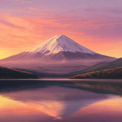 A mountain with a snow cap and a lake in the background