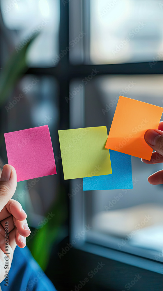Poster creative brainstorming session with colorful sticky notes being held by hands, showcasing collaborat