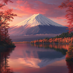 A mountain with a snowy peak and a lake in the foreground