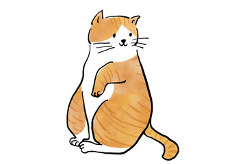 ほほえむ猫の手書きイラスト　茶トラ　白ねこ　　ネコ　手描き　白背景　ラフ　ざっくり　スケッチ　マンガ　絵本　かわいい　ほっこり　ほのぼの