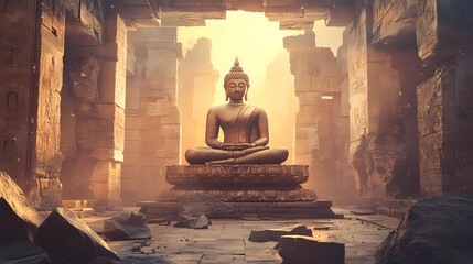 Generative ai illustration of buddha statue in lotus pose in sacred temple with uneven walls. Ancient Temple. Illustration