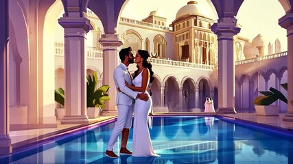 Diverse Couple Kissing by a Sunset Poolside Generative AI - Powered by Adobe