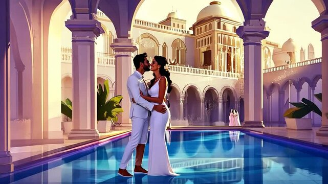 Diverse Couple Kissing by a Sunset Poolside Generative AI