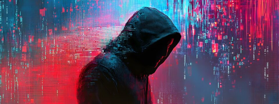 A digital collage of various computer code and data, with the face of a hacker wearing a hoodie in front of it