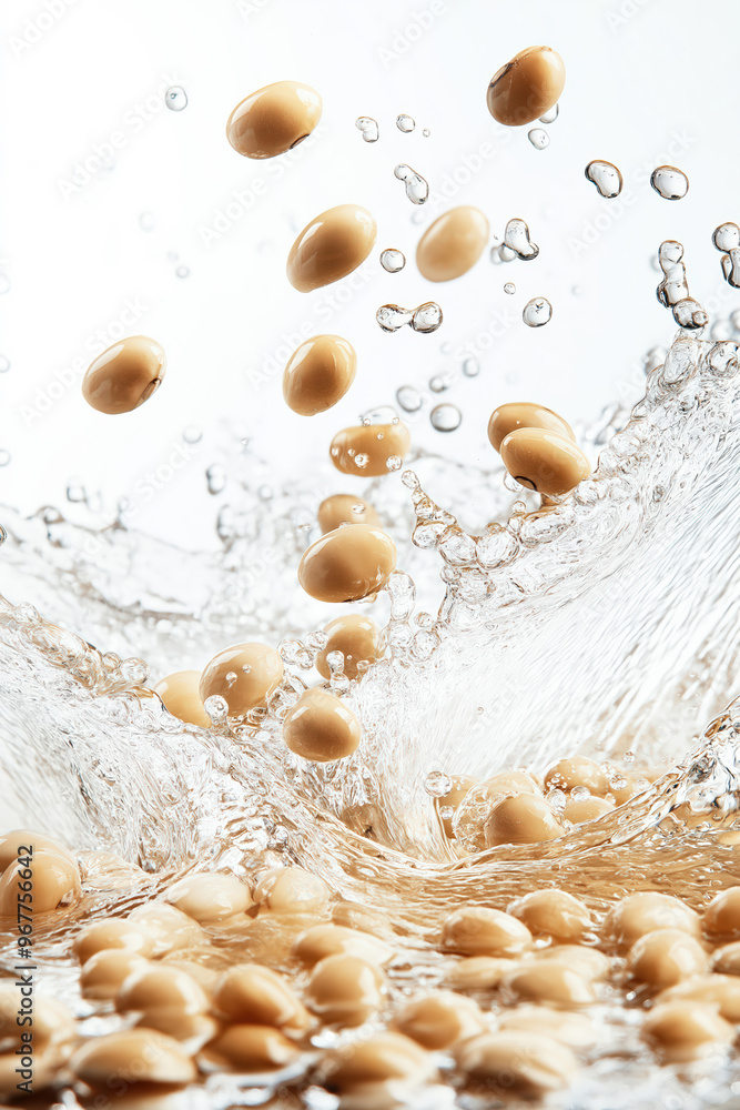 Poster soybeans splashing into water creating a refreshing wave