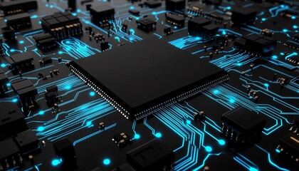 Black-toned microchip featuring neon blue circuits showcasing intricate design elements in processor architecture.