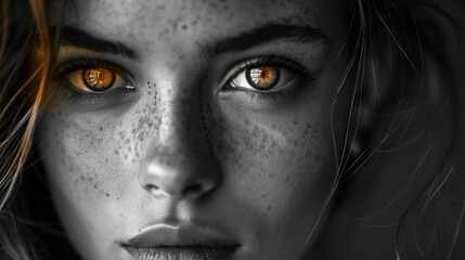 A black and white portrait with selective color highlighting a single feature