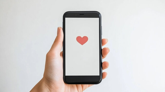 woman's hand taps on a phone screen displaying a small heart icon, symbolizing online dating, connection, and modern romance in the digital age