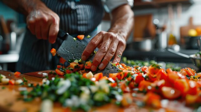 A chef's hands chopping vegetables in a kitchen, highlighting the culinary skill without focusing on the chef face