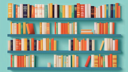 Vibrant Bookshelves, a lively illustration showcasing an array of colorful books arranged on shelves, celebrating the joy of reading and the beauty of literature.
