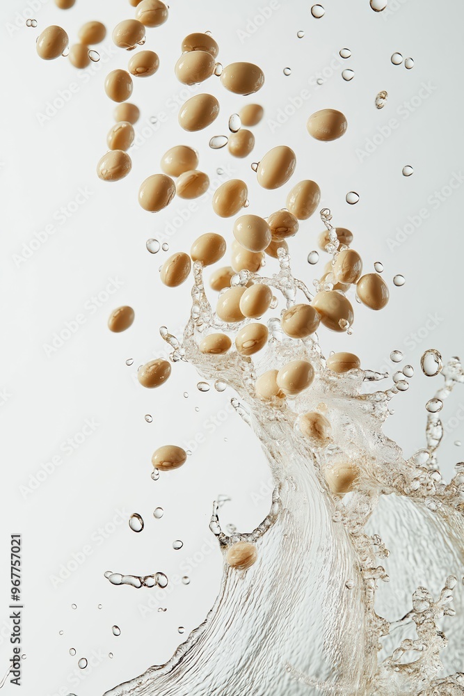 Poster soybeans splashing in water creating wave on white background
