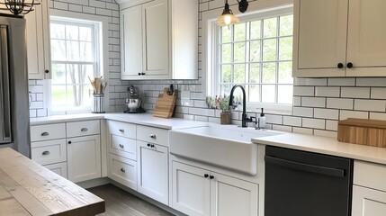 Fototapeta premium A bright kitchen with white cabinets, subway tile backsplash, and a farmhouse sink