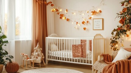 Cozy nursery interior with a white crib, rocking horse, and warm autumn decorations.