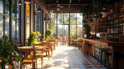 Fototapeta premium Modern Cafe Interior with Sunlight Streaming Through Windows