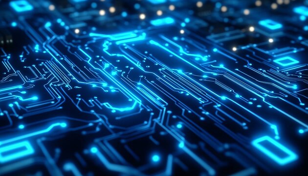 Close-up view of a blue-toned microchip featuring vibrant glowing circuits, showcasing intricate processor architecture.