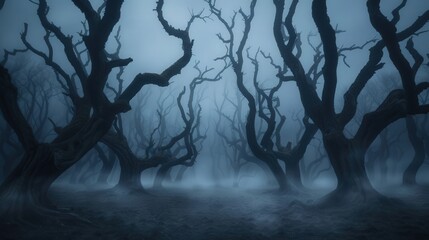 Enchanted Forest of Shadows, a dark fairy-tale realm filled with twisted trees, swirling mist, mysterious creatures, and an air of haunting magic perfect for Halloween.