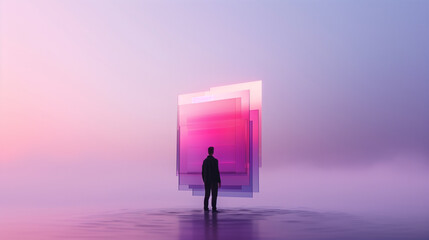 A person stands in surreal landscape, gazing at translucent layers of vibrant colors. scene evokes sense of wonder and contemplation, blending reality with abstraction.