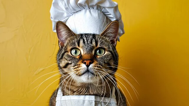 Cat chef with white hat and apron against a vibrant yellow background. Video 4K