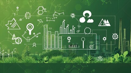 Green Report Cover with Emissions Decline Graph and Climate Action Icons
