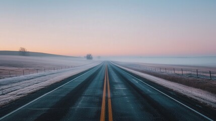 Foggy morning highway, dew-kissed grass, tranquil atmosphere, soft light enveloping the landscape, inviting journey through serene nature.