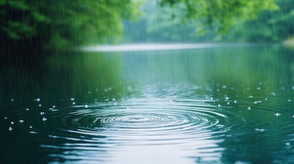 Naklejka premium Serene Rainfall on Tranquil Lake, gentle raindrops create ripples on the still water, inviting reflection and contemplation, perfect for peaceful moments or thoughtful messages