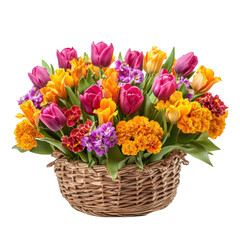Obraz premium A vibrant bouquet of tulips and marigolds arranged in a wicker basket.