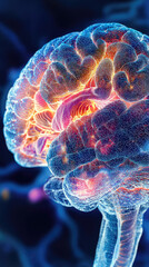 Obraz premium A detailed view of human brains limbic system, showcasing vibrant neural connections and activity. This image captures intricate beauty of brain anatomy and its emotional significance