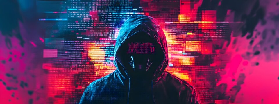 A digital collage of various computer code and data, with the face of a hacker wearing a hoodie in front of it