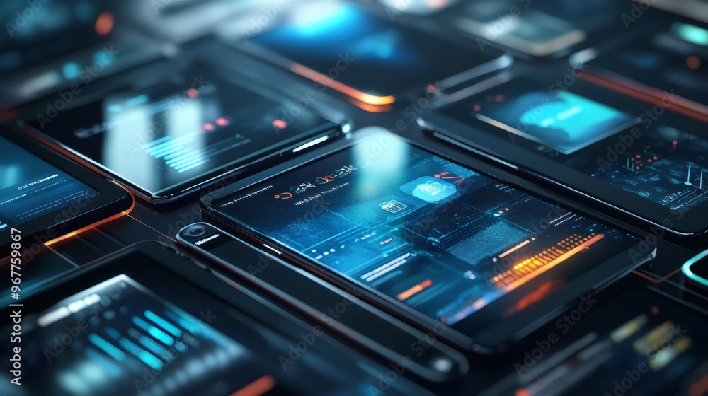 Poster futuristic tablet and smartphone screens with glowing blue and orange interfaces showing digital inf