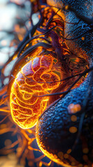 A detailed view of human gallbladder and bile ducts, showcasing intricate structures and vibrant colors. image captures complexity and beauty of human anatomy, evoking sense of wonder and curiosity