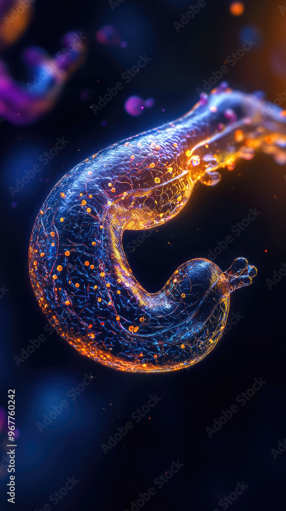 Poster a vibrant and intricate depiction of human pancreas, showcasing its complex structure and functions.