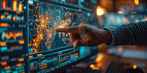 Person pointing at a digital map on a large screen displaying global data and analytics, representing technology, network connections