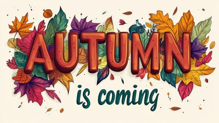 Autumn Is Coming Text with Colorful Leaf Pattern