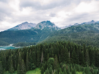 Aerial Drone View of Glacial Mountain Lake - Black Lake, Zabljak, Durmitor National Park, Montenegro - Crno Jezero Incredible Exploration and Travel