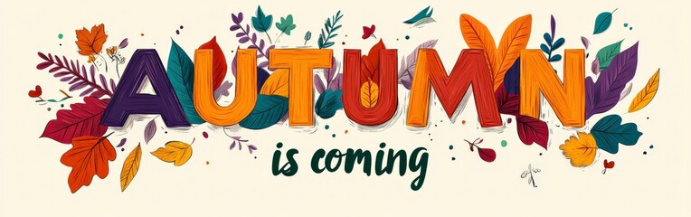 Autumn Is Coming Text with Colorful Leaf Pattern