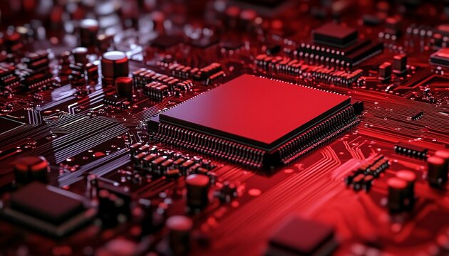 Red-toned microchip showcasing intricate circuitry, representing advanced processor architecture and interconnected technology.
