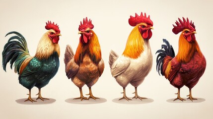 Fototapeta premium Proud, colorful rooster illustrations set against a plain backdrop, showcasing their bold feathers.