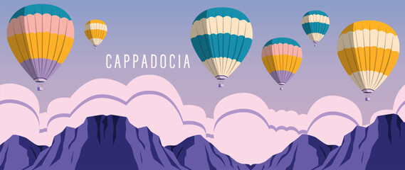 Vector flat illustration. Mountain panorama and great view. Perfect for a summer sale post or banner.