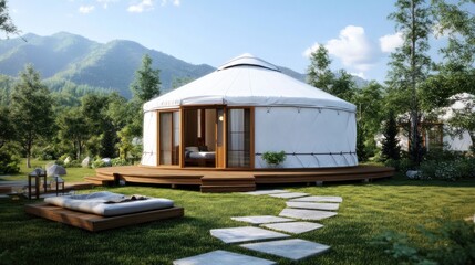 White yurt with wooden deck, bed, and stone walkway in front of a lush green forest.