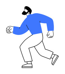 Man with a beard and blue top appears to be walking, wearing beige pants and shoes. Ideal for activity, modern design, business, simplicity, and fitness themes. Bold minimalist style.