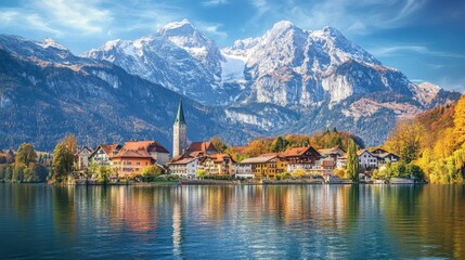 Fototapeta premium Alpine mountains in Bavaria, with snow-capped peaks and picturesque villages