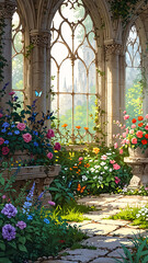 Naklejka premium a hidden Gothic garden within an ancient castle